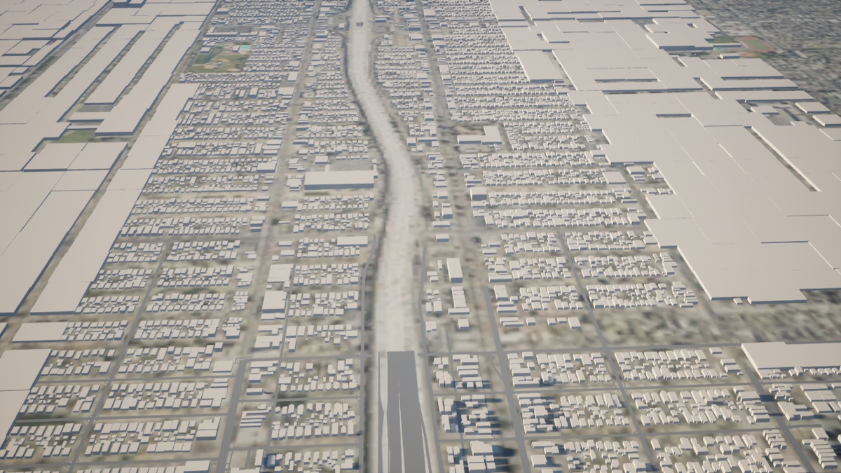 Untextured model of a city grid built from map data, with a river channel