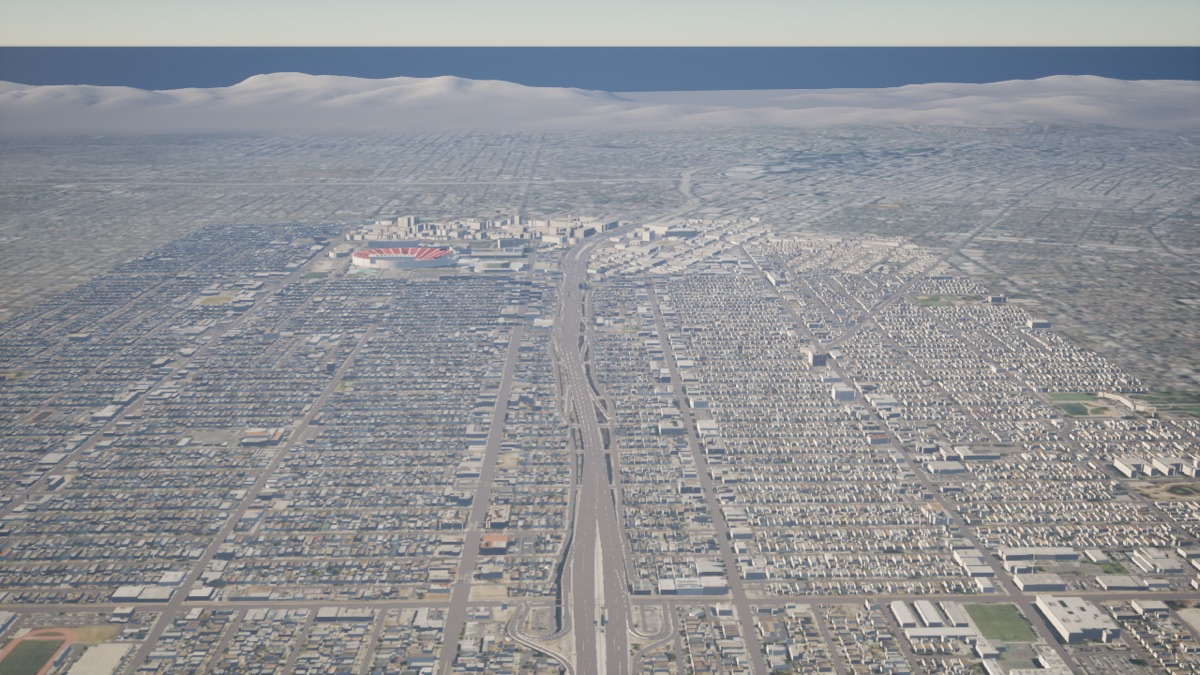 Wide aerial view across a 3D city model toward distant hills